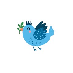 Blue flying bird with a plant. Cute character in cartoon style Isolated element. Print for baby shower and kids design. Vector illustration 