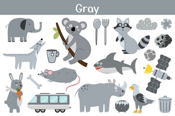 Gray color objects set. Learning colors for kids. Cute elements collection. Educational background. Vector illustration
