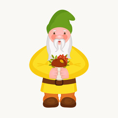 A small forest or garden gnome in a green hat holds a mushroom and a branch of mountain ash in his hands