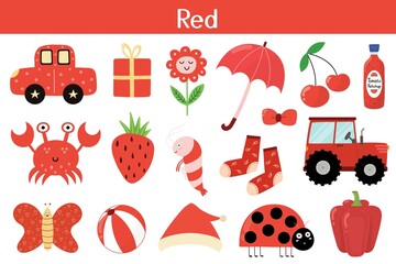 Red color objects set. Learning colors for kids. Cute elements collection. Educational background. Vector illustration