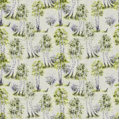 Watercolor seamless pattern with birches. Realistic. Forest, grove, green leaves.