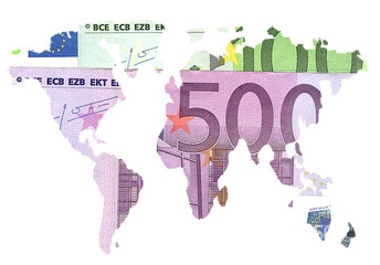 World map. 100 Euro texture. White background.