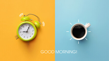 A green alarm clock and a cup of hot coffee. A symbol of awakening and good morning