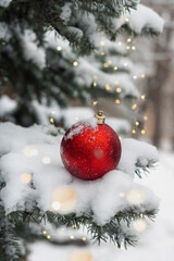 Shiny red Christmas bauble on the fir tree branch with snow and fairy lights. New Year winter...