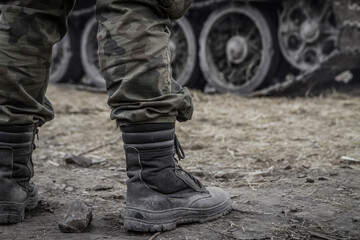 Close-up of soldier's legs on a battlefield, wearing military boots and woodland camo pants (camouflage trousers). With a tank tracked wheels in the background.