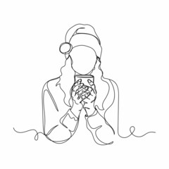 Continuous one line drawing of woman wearing sweater and santa claus hat in silhouette on a white background. Linear stylized.