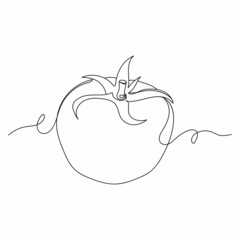 Continuous one line drawing of fresh tomato organic food in silhouette on a white background. Linear stylized.