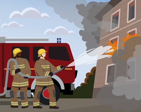 Fireman put out house fire concept. Men in protective clothing extinguish flames with water. Saving lives or dangerous profession. Cartoon flat vector illustration isolated on colorful background