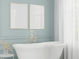 modern bathroom interior with two golden frames, minimalist mockup