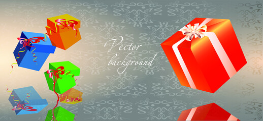 Silver background with colorful gifts and reflection