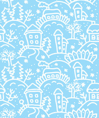 Naklejka premium Winter city landscape seamless pattern