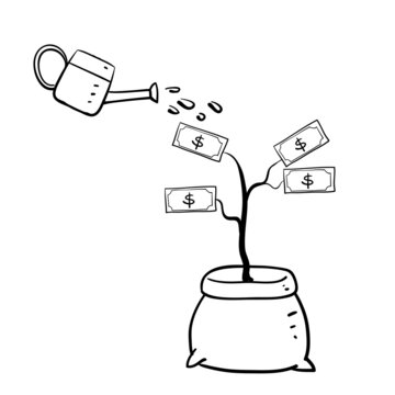 hand drawn doodle watering money tree illustration symbol for economy planning illustration vector