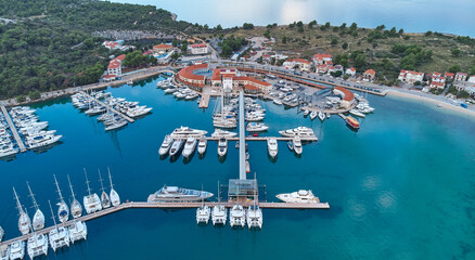 Aerial view of Marina Frapa Rogoznica, Croatia. Beautiful yachts, catamarans and sailing ships in...