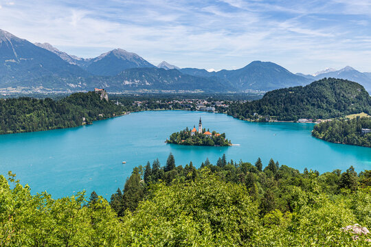 Beautiful landscape of Lake Bled the church island from Ojstrica viewpoint in Bled, Slovenia