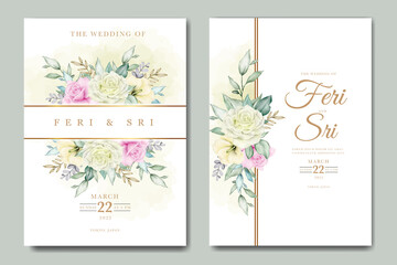 Fototapeta na wymiar beautiful flower and leaves watercolor wedding invitation card template