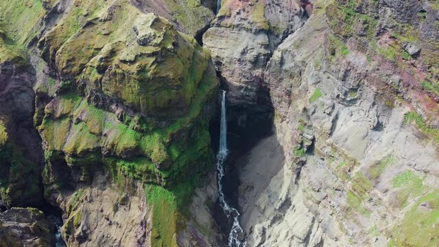 Mulagljufur canyon with waterfalls in iceland. Aerial drone video of Icelandic landscape. Famous tourist attractions and landmarks destinations in Icelandic nature on Iceland. 4K UHD video.