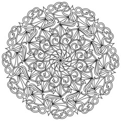 Fantasy mandala of arrows and curls, meditative coloring page with ornate patterns