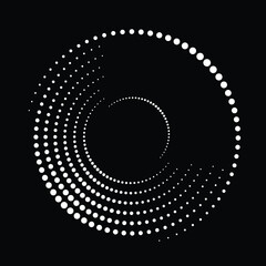 Halftone dots in Semi Circle Form .  Vector Illustration .Technology round. Circle logo . Design element . Abstract Geometric shape . White dots on the black background .