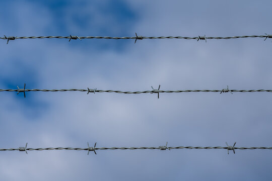 Three rows of barbwire against the sky