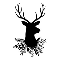 Silhouette of deer head and antlers and wreath of leaves. Christmas reindeer.Vector illustration. Isolated on white background.
