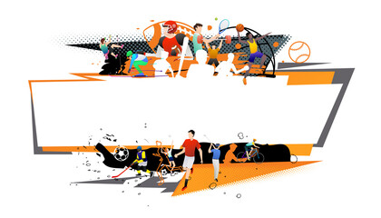 Vector illustration of sports abstract background design with sport players in different activities. football, basketball, baseball, badminton, tennis, rugby, bicycling - 461871566