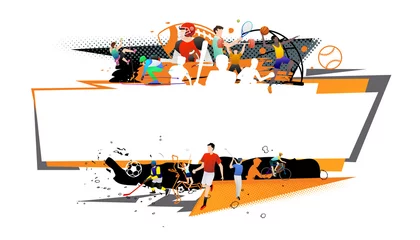 Zelfklevend Fotobehang Vector illustration of sports abstract background design with sport players in different activities. football, basketball, baseball, badminton, tennis, rugby, bicycling © Manovector