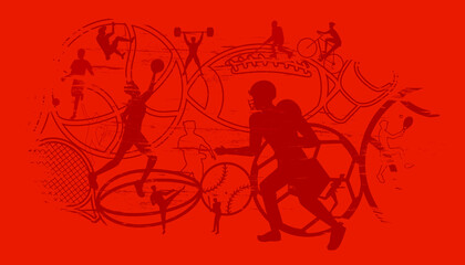 Vector illustration of sports abstract background design with sport players in different activities. football, basketball, baseball, badminton, tennis, rugby, bicycling © Manovector