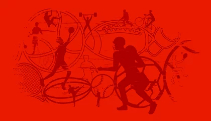 Rolgordijnen Vector illustration of sports abstract background design with sport players in different activities. football, basketball, baseball, badminton, tennis, rugby, bicycling © Manovector