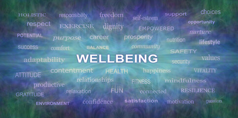 Words associated with Wellbeing Zoom screen saver - zooming words around a central white WELLBEING against blue green background Wall Art Canvas panel ideal for a holistic therapist's healing room