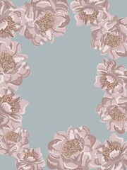 Bella cornice floreale botanica peonie rosa sfondo azzurro 