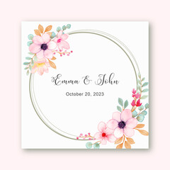 Save the date watercolor pink floral wreath frame