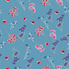 Fototapeta na wymiar Beautiful rustic vector floral seamless pattern with pink flowers on blue
