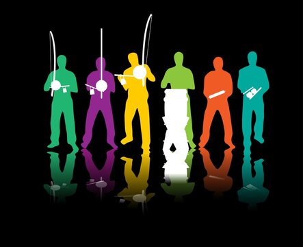 People playing capoeira music in a roda with instruments. Colorful vector illustration in black background with reflection and silhouette effect.