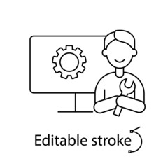Computer technician and display outline icon. Monitor problem. Editable stroke. Isolated vector stock illustration