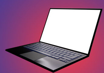 Laptop mockup with white screen. Notebook with blank screen. Black computer rendering. Laptop computer with white monitor. Notebook model with copy space. Laptop on multicolored gradient. 3d image