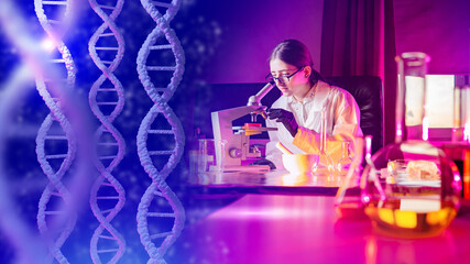 DNA testing. Girl laboratory assistant in genetic laboratory. Work in a genetic lab. Geneticist is...