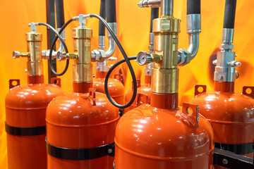 Large Industrial CO2 fire extinguishing system. Red cylinders with gas on the background of the...