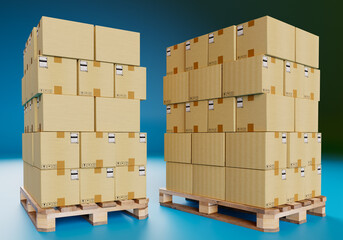 Boxes on pallets. Two pallets with many boxes. They symbolize Logistic Processes. Visualization of warehouse pallets with boxes. Palletised parcels as metaphor for Fulfillment. 3d image.