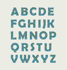 Cute children's vector color alphabet with a pattern of colorful cartoon mushrooms.