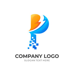 letter P logo with thunder design, technology icon