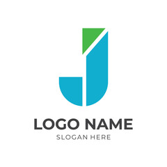 letter J logo design with flat blue and green color style