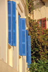 Fototapeta na wymiar blue and red shutters of houses on the street