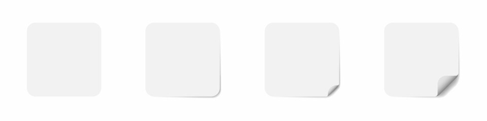 White tags, paper round stickers with peeling corner and shadow, realistic set square paper. Vector illustration.