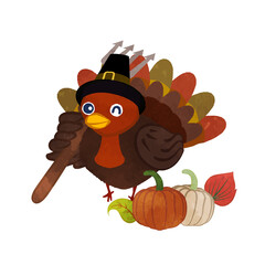 Thanksgiving illustration of a turkey holding a hoe