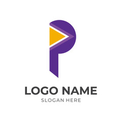 letter P and play logo design template concept vector with flat purple and yellow color style