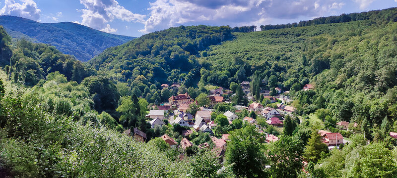 View of the village Lillafüred in the mountain valley. Trees on the slopes. Hungary. Europe