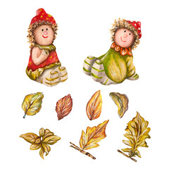 Set di simpatici personaggi dei boschi disegnati a mano e foglie tipiche autunnali