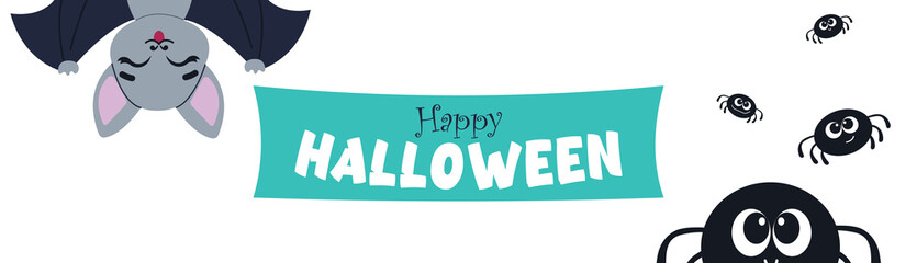 A wide Halloween banner with cobwebs and spiders on a white background. Cute cartoon bat, Halloween, for decorating postcards. Halloween Design, Halloween Mood