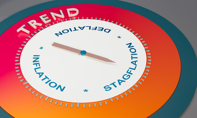 Trend barometer for inflation, deflation or stagflation. The arrow on the needle points to stagflation. 3D illustration