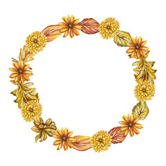 Cornice circolare floreale con foglie e fiori disegnati a mano